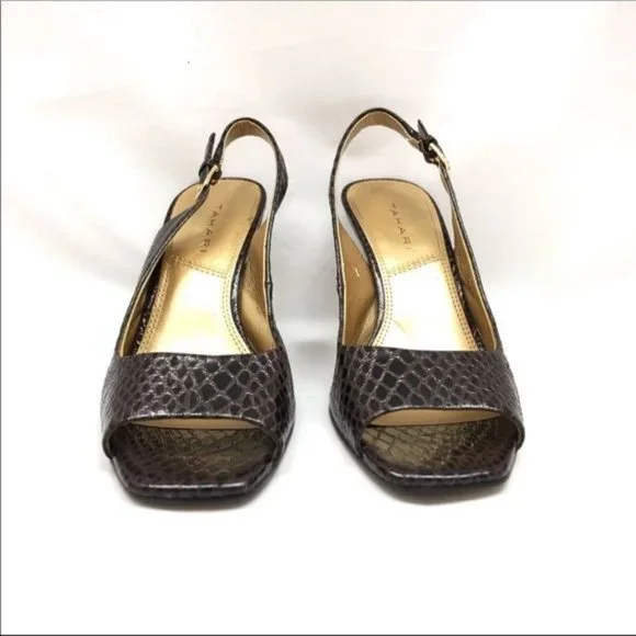 TAHARI Robin 1 Brown Snakeskin Slingback Heels. Peep toe in a size 7 - Picture 4 of 8